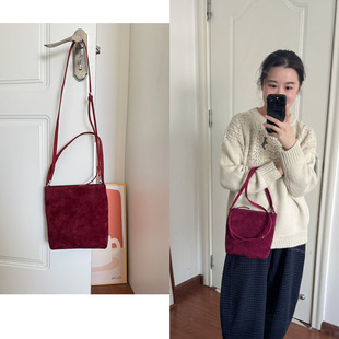 Decemberrush简约通勤百搭葡萄紫羊京绒真皮小方包手提斜挎手拎包