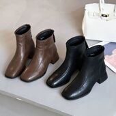 法式 靴2025年秋冬季 中跟靴子方头小短靴女 后拉链时装 网红百搭新款