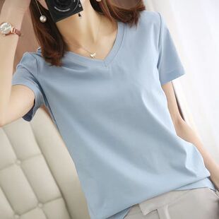 夏季新款100%高支丝光棉短袖女v领t恤薄款简约显瘦短款纯棉上衣