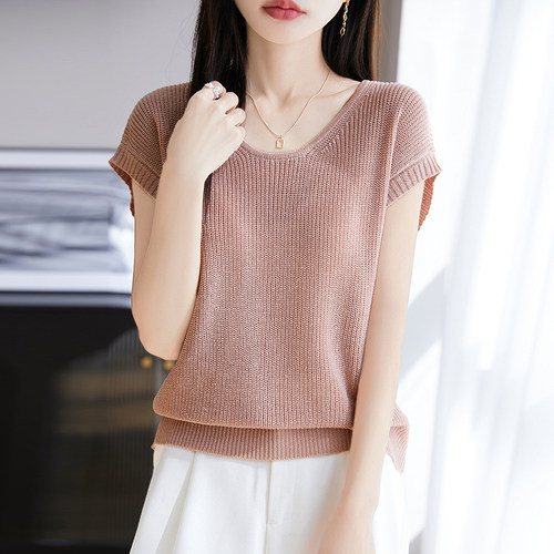 天丝亚麻针织短袖女圆领T恤2025夏新款元宝针宽松显瘦上衣打底衫