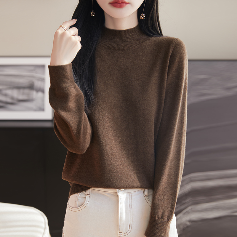 100%精纺丝光羊毛衫女半高领套头毛衣秋冬新款宽松短款针织打底衫