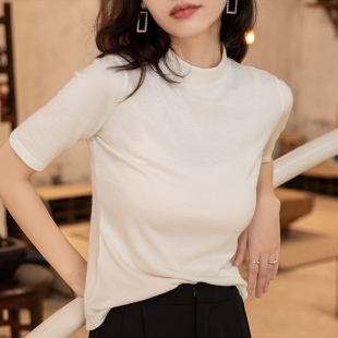 精纺羊毛针织衫女半高领中袖T恤2026春秋套头短款上衣修身打底衫
