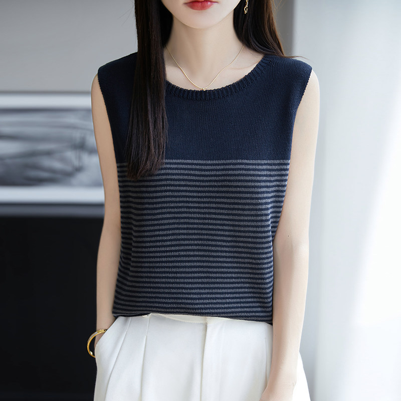 法式复古天丝亚麻无袖背心女圆领条纹t恤短款针织吊带上衣夏薄款