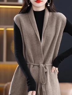 2025秋冬新款100%纯羊毛马甲开衫女V领系带中长款背心宽松针织衫
