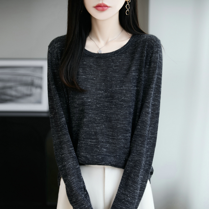 2025秋新款彩麻薄款圆领针织毛衣女短款套头宽松显瘦亚麻打底上衣