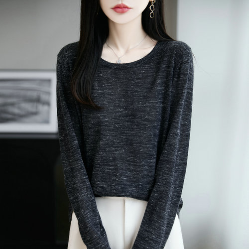 2026秋季新款彩麻薄款圆领针织毛衣女短款套头宽松亚麻打底上衣