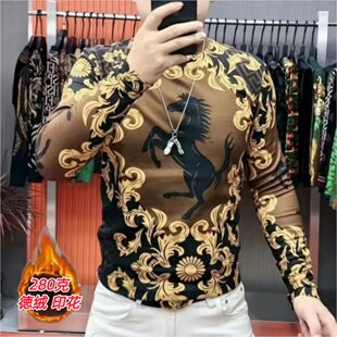 潮流百搭修身 秋冬款 战马印花长袖 德绒加厚T恤男士 休闲上衣 打底衫