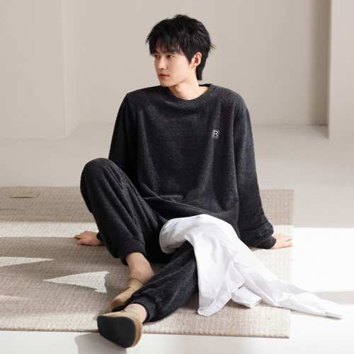 新款半边绒男睡衣秋冬保暖套头简约休闲男生薄绒居家服大码两件套