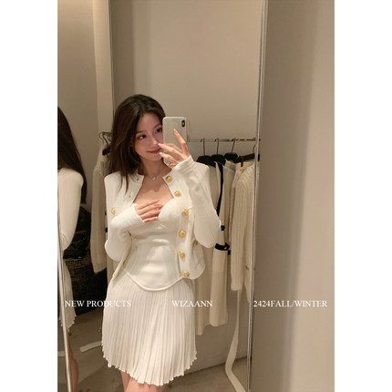【wizaann】小香风富贵千金套装针织开衫女吊带百褶连衣裙两件套