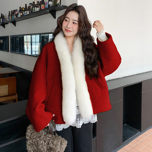 大毛领红色毛呢羽绒服女冬超火好看高级小众漂亮加厚短款新年外套