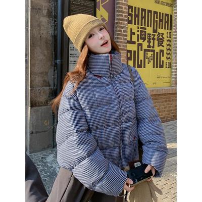 蓝色格子羽绒服女冬季2025新款韩系休闲白鸭绒加厚立领面包服外套