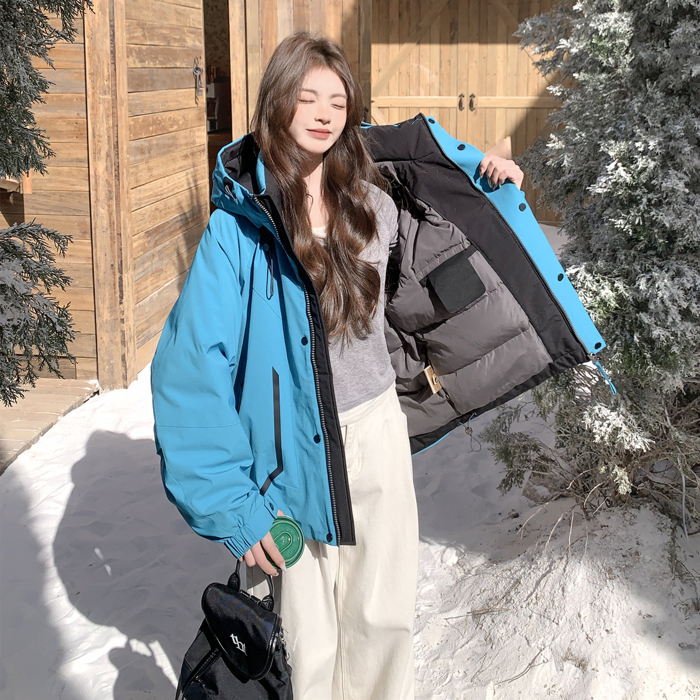 蓝色高级感宽松情侣冲锋衣90白鸭绒羽绒派克服女冬新款小个子外套