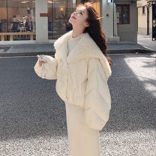韩系chic白色羊羔毛羽绒服女冬超火好看高级小众漂亮短款加厚外套