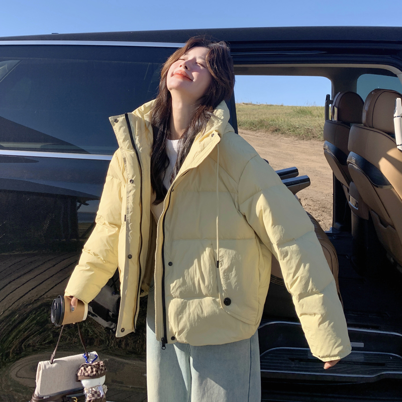 巨好看黄色短款泡芙羽绒服女2025冬季韩系保暖面包服90白鸭绒外套