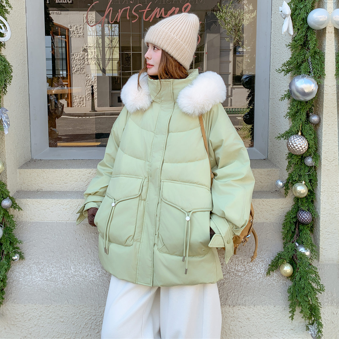 绿色大毛领糖果色甜美减龄白鸭绒羽绒服女冬季新款小个子加厚外套