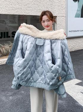 巨好看蓝色短款羊羔毛翻领羽绒服女冬2025超火爆款内胆白鸭绒外套