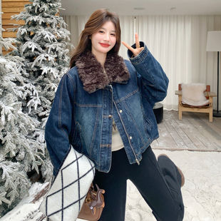 羊羔毛翻领炸街工装牛仔白鸭绒羽绒夹克派克服女冬新小个子短外套