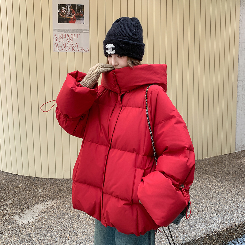 红色羽绒服女冬季2025新款韩系学院风高级气质白鸭绒连帽加厚外套