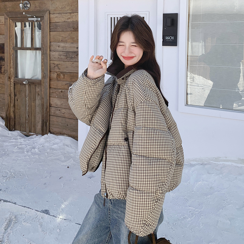 棕色格纹羽绒服女冬季2025新款韩系复古休闲高级感90白鸭绒面包服