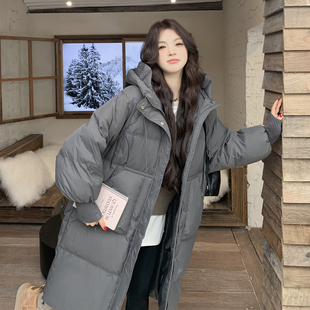 灰色韩版宽松大被子白鸭绒羽绒服女冬新款长款过膝加厚学院风外套