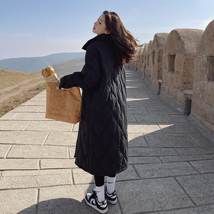 黑色菱格羽绒服女冬季2025新款韩版宽松温柔风中长款90白鸭绒外套