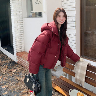 安格拉红色连帽羽绒服女短款2025冬季小个子宽松保暖90白鸭绒外套