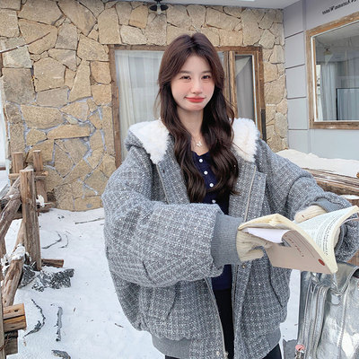 灰色韩系小香风羽绒服女短款2025冬季新款拼接毛绒连帽90白鸭绒服