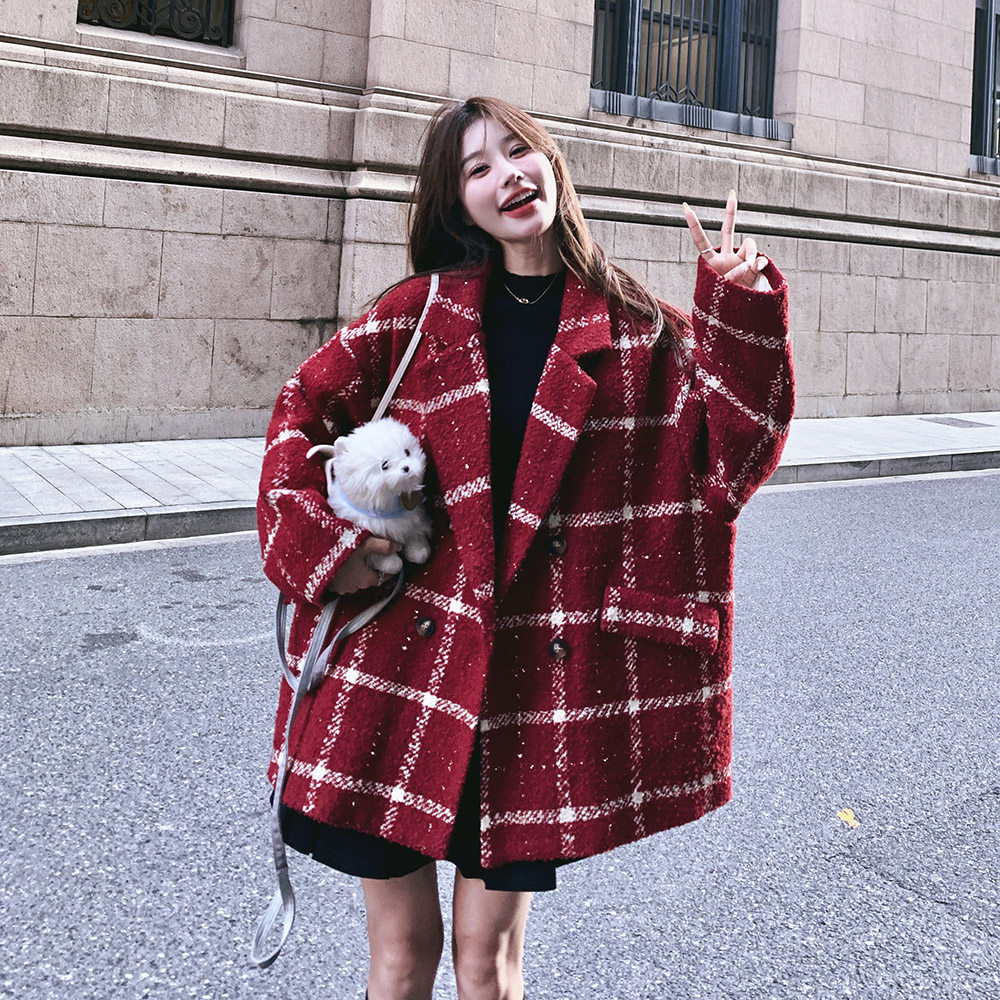 羽绒内胆毛呢外套女小香风大格子