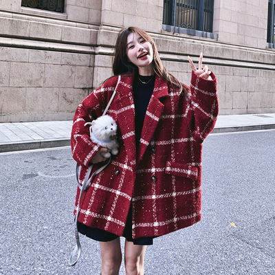 羽绒内胆毛呢外套女小香风大格子