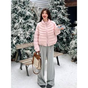 粉色排骨羽绒服女冬季2025新款韩系甜美减龄设计感白鸭绒短款外套