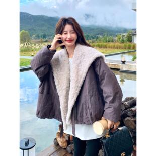 咖色复古羊羔毛大翻领短款羽绒服女2025冬季保暖厚实90白鸭绒外套