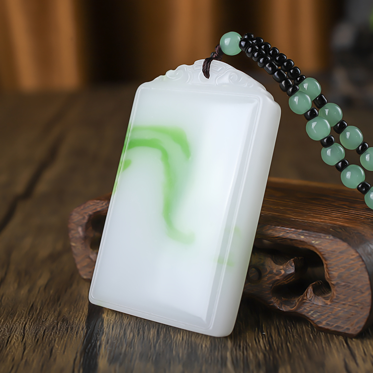 和田玉青花玉平安牌吊坠天然玉石无字平安牌项链挂件新疆玉器