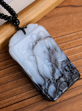 天然和田玉青花玉山水牌手把件