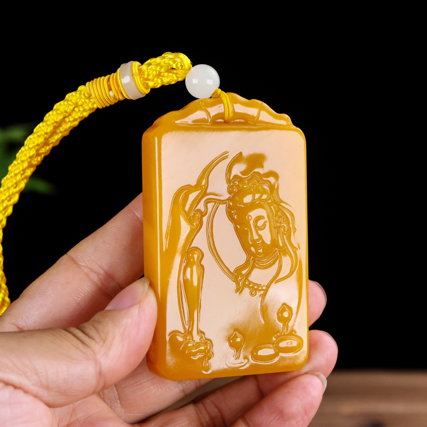 和田玉观黄玉观音大号平安牌挂件手把件天然黄龙玉菩萨玉佛玉佩