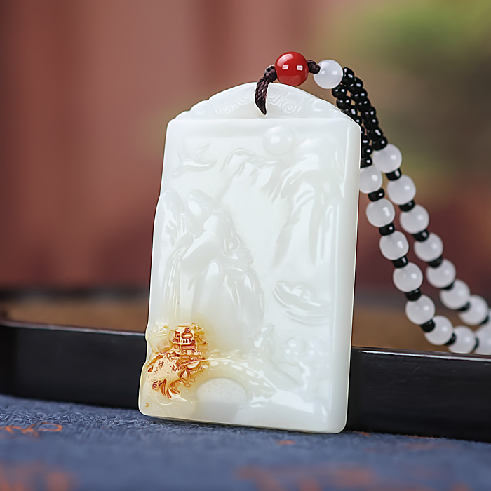 和田玉山水牌子吊坠新疆玉器精雕羊脂玉籽料大好河山平安牌挂件