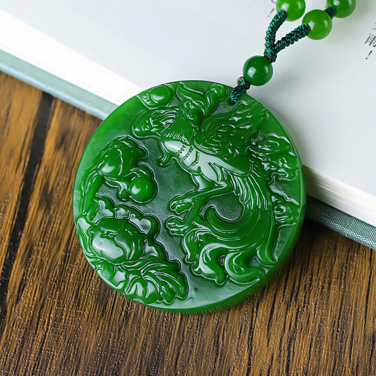 新款和田玉碧玉凤凰牡丹平安牌吊坠女款花开富贵毛衣链项链挂件