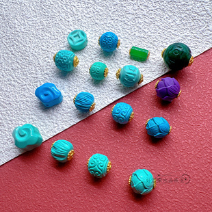 925古法银镶菱镁矿干青铜钱祥云回纹六字真言隔珠diy文玩水晶配件