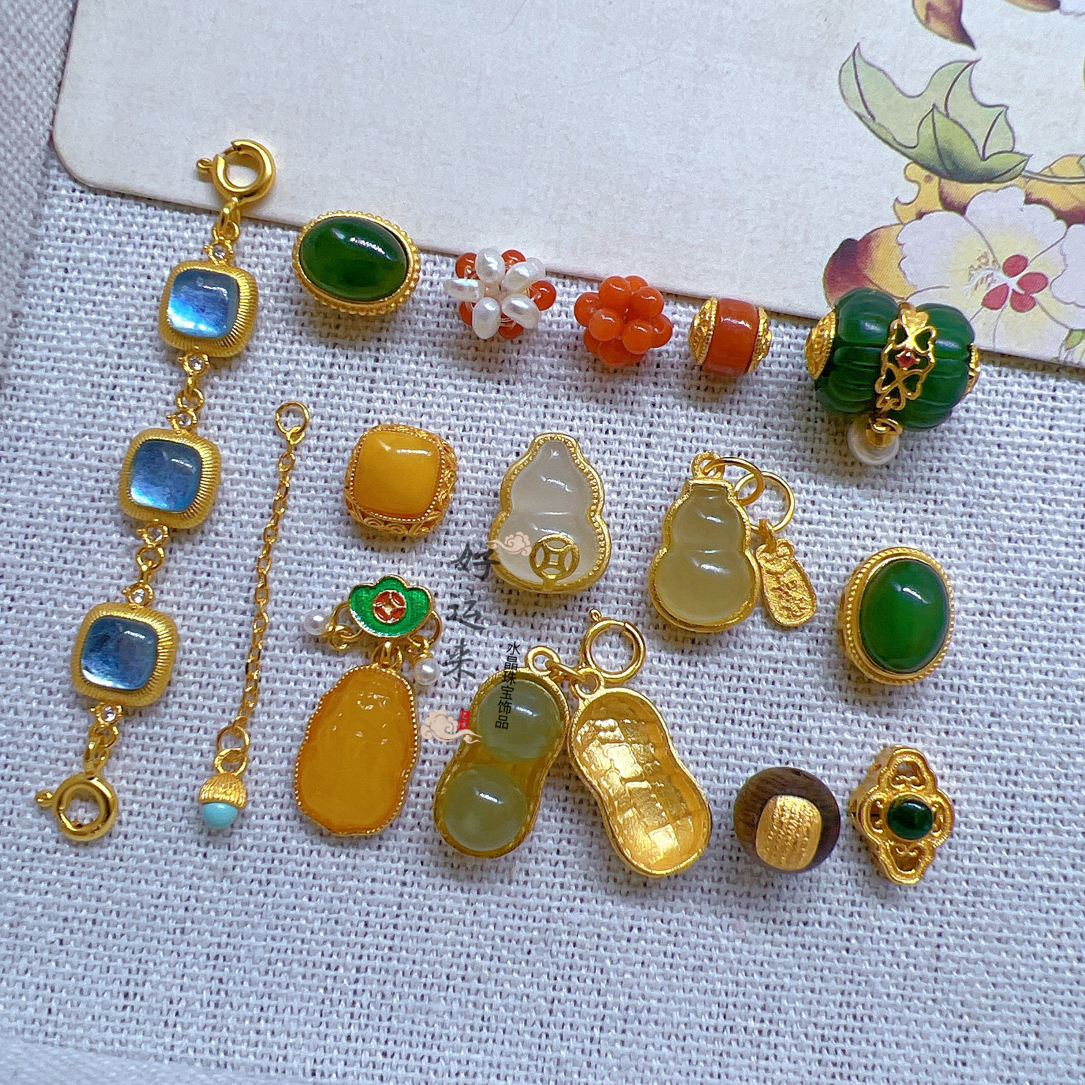 S925古法银镶和田玉碧玉葫芦花生碧玉并蒂莲蜜蜡貔貅吊坠沉香配件