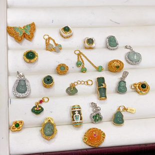 S925古法银镶天然翡翠流苏葫芦吊坠蝴蝶桶珠多宝隔珠diy水晶配件