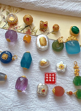 925纯银錾刻五条经和田碧玉南红珍珠海蓝宝手链文玩佛珠diy配件饰
