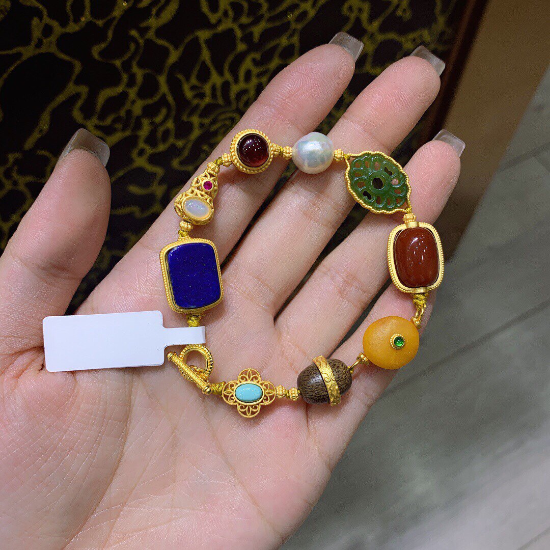 925纯银古法银包边镶嵌碧玉南红玛瑙桶珠青金石方块多宝成品手链