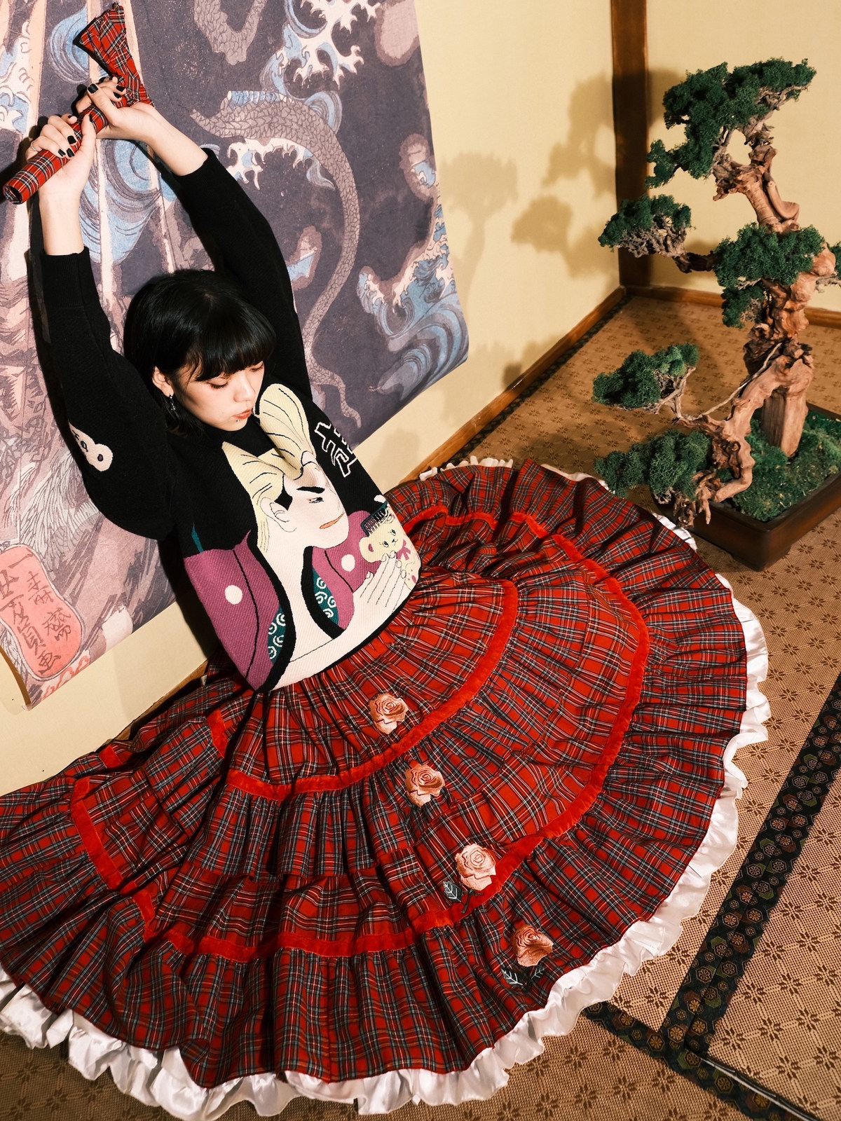 Velvet Plaid Lace Skirt: 4-Layer Rose Embroidery Design - Taobao product photo 3