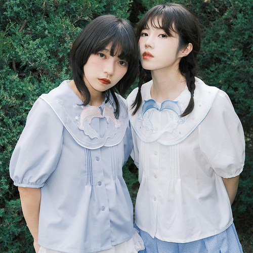 海豚刺绣泡泡袖海浪异型领清新