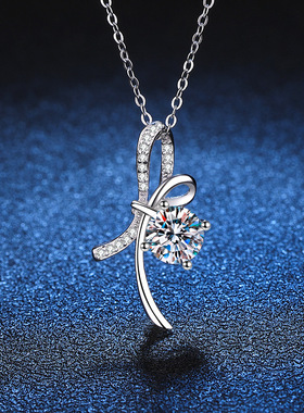 S925银镀18K金PT950铂金镶1克拉D色莫桑石女吊坠蝴蝶结莫桑钻项链