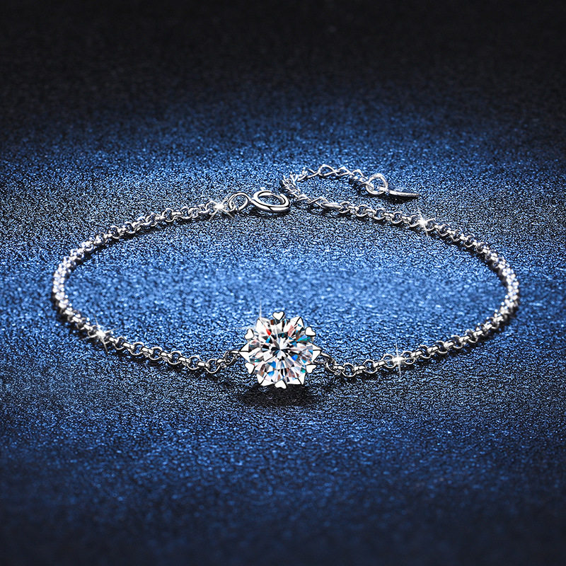 S925银镀18K金PT950铂金镶一克拉莫桑石雪花手链六芒星莫桑钻手环
