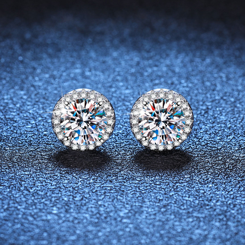 S925银镀18K金PT950铂金镶1克拉D色莫桑石耳钉圆包耳环莫桑钻耳钉