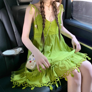 波西米亚风牛油果绿色流苏无袖吊带连衣裙女夏娃娃裙子多巴胺短裙