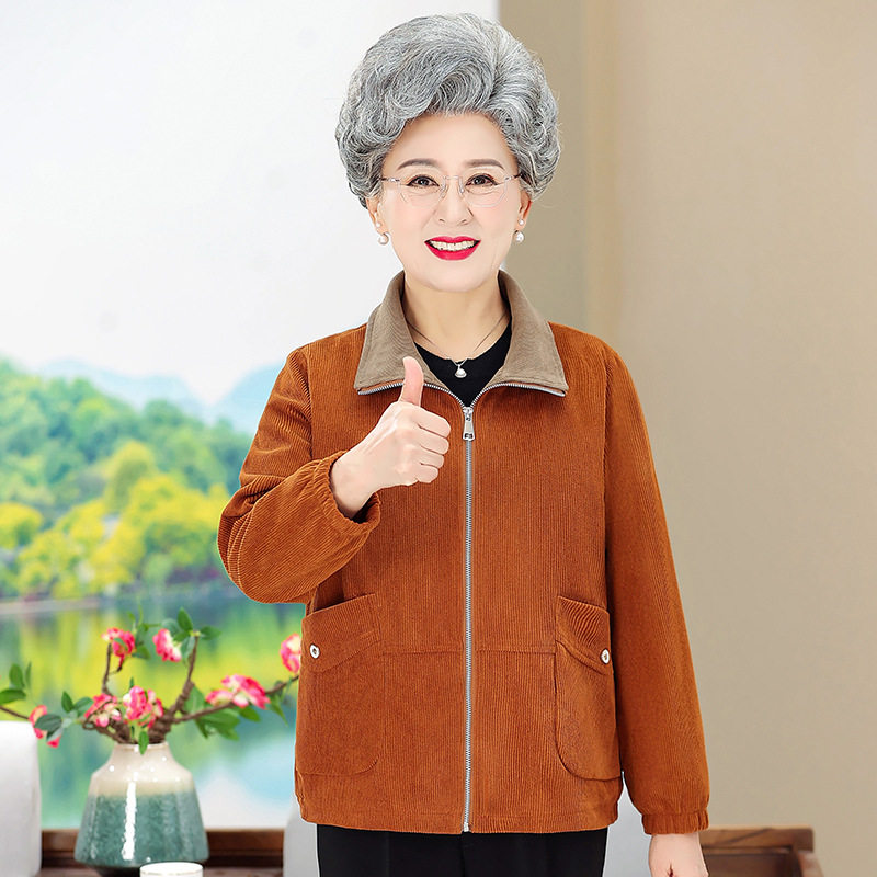中老年人女奶奶装春秋款外套60岁妈妈休闲灯芯绒拉链夹克衫上
