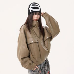 1506/QZSD060/P122复古飞行员皮衣夹克女2025秋美拉德棕色pu外套