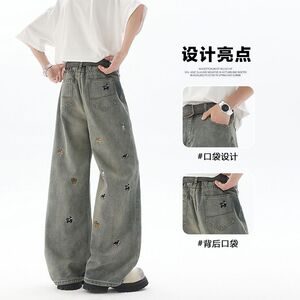 1506/Q286/P46棉致刺绣阔腿牛仔裤男女款夏潮牌宽松直筒拖地图片
